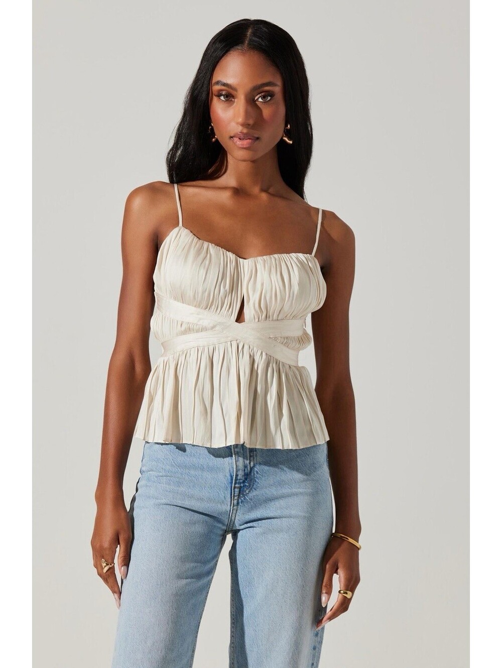 ASTR THE LABEL Women’s Satin Katie Pleated Cami/Top In Cream—Size Large